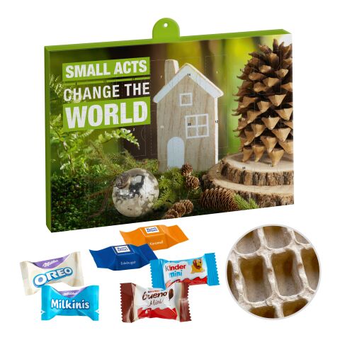 Premium Gift Advent Calendar Eco with Ritter Sport Choco Cubes, Milka Favourites Mix, Kinder Chocolate Mini &amp; Kinder bueno Mini Mix digital- or offset printing