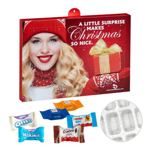 Premium Gift Advent Calendar with Ritter Sport Choco Cubes, Milka Favourites Mix, Kinder Chocolate Mini &amp; Kinder bueno Mini Mix digital- or offset printing