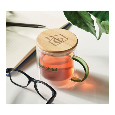 Double walled mug with bamboo lid transparent/green | No Branding | not available | not available | not available